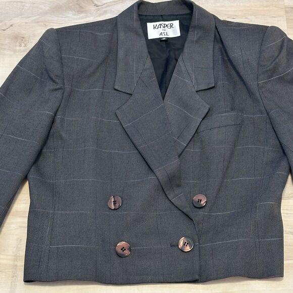 Kasper Women 12 Blazer Long Sleeve Button Front Lined Cropped Plaid Gray - Picture 3 of 7